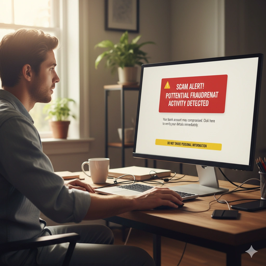 An image showing a person working from home with scam alerts on their screen.